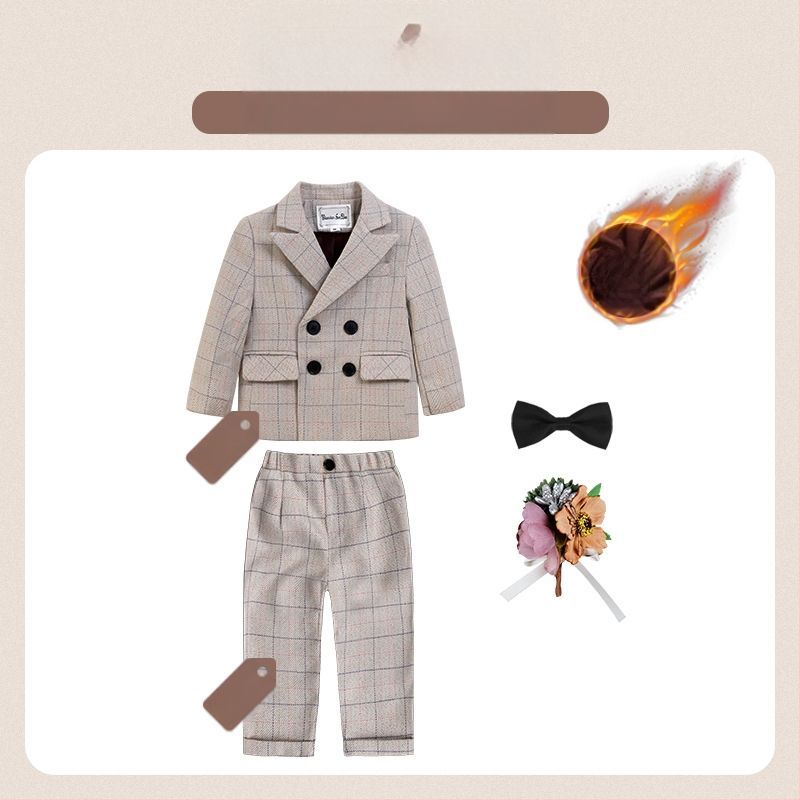 Dječje dvodijelno odijelo u jesenskom britanskom stilu s kariranim uzorkom, za uzrast 1–3 godine, V-izrez, dugi rukavi, kopčanje u dva reda