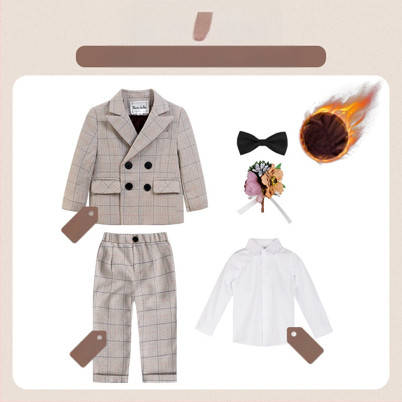 Dječje dvodijelno odijelo u jesenskom britanskom stilu s kariranim uzorkom, za uzrast 1–3 godine, V-izrez, dugi rukavi, kopčanje u dva reda