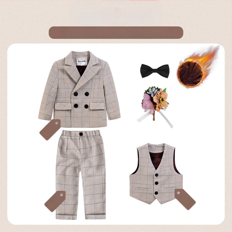 Dječje dvodijelno odijelo u jesenskom britanskom stilu s kariranim uzorkom, za uzrast 1–3 godine, V-izrez, dugi rukavi, kopčanje u dva reda