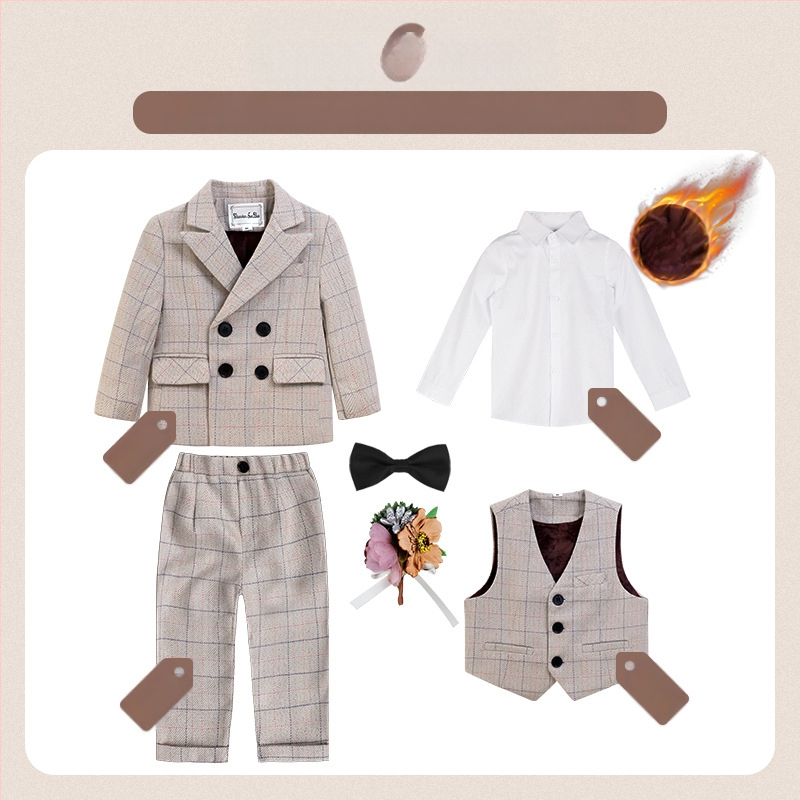Dječje dvodijelno odijelo u jesenskom britanskom stilu s kariranim uzorkom, za uzrast 1–3 godine, V-izrez, dugi rukavi, kopčanje u dva reda