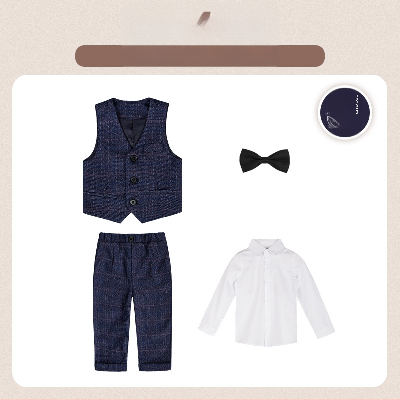 Dječje dvodijelno odijelo u jesenskom britanskom stilu s kariranim uzorkom, za uzrast 1–3 godine, V-izrez, dugi rukavi, kopčanje u dva reda