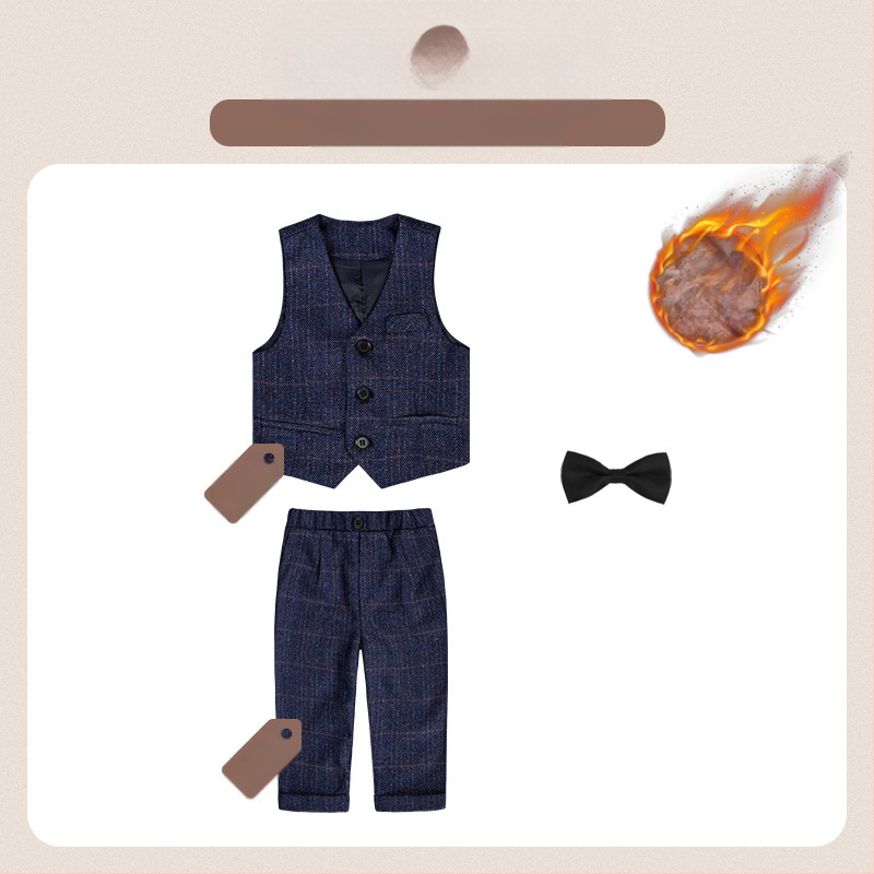 Dječje dvodijelno odijelo u jesenskom britanskom stilu s kariranim uzorkom, za uzrast 1–3 godine, V-izrez, dugi rukavi, kopčanje u dva reda