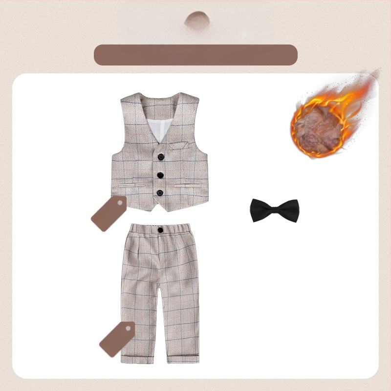 Dječje dvodijelno odijelo u jesenskom britanskom stilu s kariranim uzorkom, za uzrast 1–3 godine, V-izrez, dugi rukavi, kopčanje u dva reda