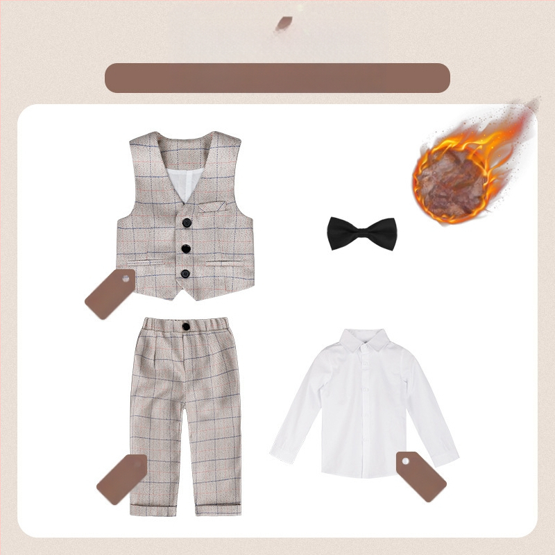 Dječje dvodijelno odijelo u jesenskom britanskom stilu s kariranim uzorkom, za uzrast 1–3 godine, V-izrez, dugi rukavi, kopčanje u dva reda