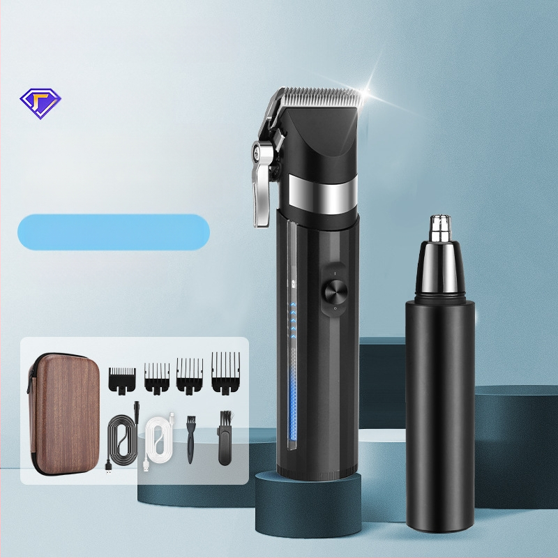 Vyrų įkrovimo namų plaukų kirpimo mašinėlė su nosies plaukų trimmeriu - nerūdijančio plieno peiliukai, šepetinis variklis, įmontuota 1200-2000 mAh baterija, veikimo laikas 1-3 val