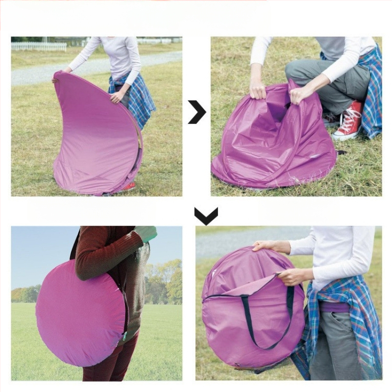 Dubultās personas automātiskā pludmales teltī ar ātru atvēršanu un saules aizsardzību; ārējā: poliesters; iekšējā: 190T ar sudraba pārklājumu; ārējā ūdensizturība 1000–1500 mm; apakšējā 1000–1500 mm; svars 1 kg