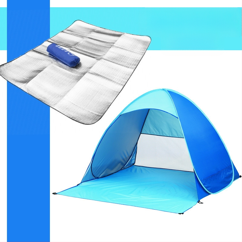 Dubultās personas automātiskā pludmales teltī ar ātru atvēršanu un saules aizsardzību; ārējā: poliesters; iekšējā: 190T ar sudraba pārklājumu; ārējā ūdensizturība 1000–1500 mm; apakšējā 1000–1500 mm; svars 1 kg