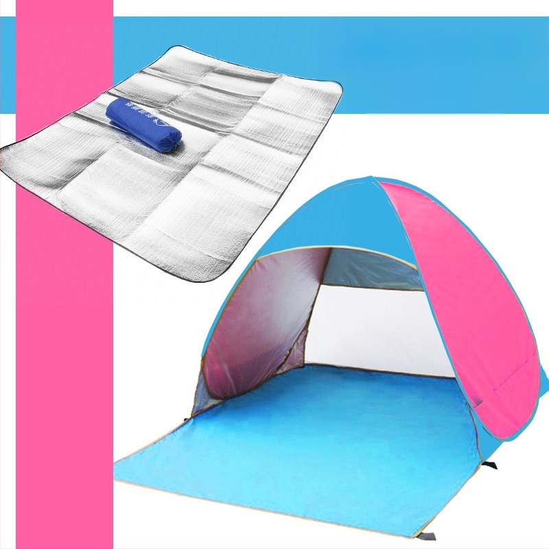 Dubultās personas automātiskā pludmales teltī ar ātru atvēršanu un saules aizsardzību; ārējā: poliesters; iekšējā: 190T ar sudraba pārklājumu; ārējā ūdensizturība 1000–1500 mm; apakšējā 1000–1500 mm; svars 1 kg