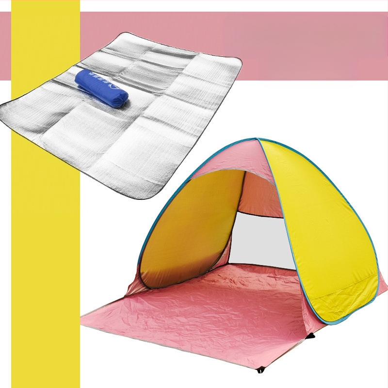 Dubultās personas automātiskā pludmales teltī ar ātru atvēršanu un saules aizsardzību; ārējā: poliesters; iekšējā: 190T ar sudraba pārklājumu; ārējā ūdensizturība 1000–1500 mm; apakšējā 1000–1500 mm; svars 1 kg