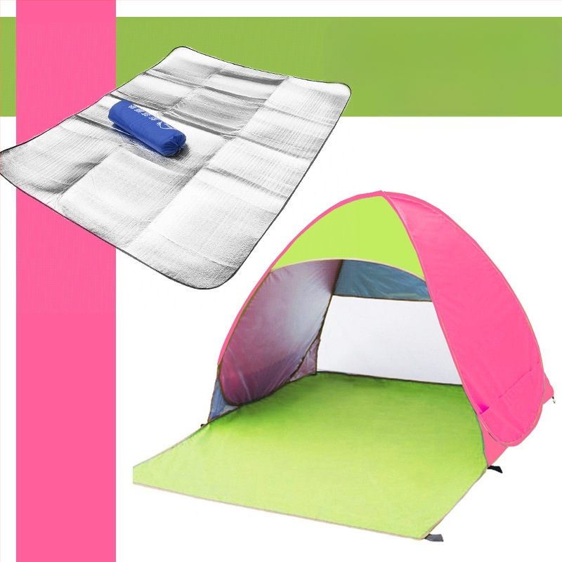 Dubultās personas automātiskā pludmales teltī ar ātru atvēršanu un saules aizsardzību; ārējā: poliesters; iekšējā: 190T ar sudraba pārklājumu; ārējā ūdensizturība 1000–1500 mm; apakšējā 1000–1500 mm; svars 1 kg