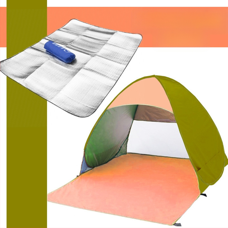 Dubultās personas automātiskā pludmales teltī ar ātru atvēršanu un saules aizsardzību; ārējā: poliesters; iekšējā: 190T ar sudraba pārklājumu; ārējā ūdensizturība 1000–1500 mm; apakšējā 1000–1500 mm; svars 1 kg