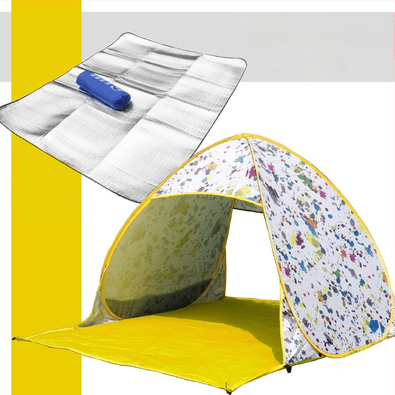 Dubultās personas automātiskā pludmales teltī ar ātru atvēršanu un saules aizsardzību; ārējā: poliesters; iekšējā: 190T ar sudraba pārklājumu; ārējā ūdensizturība 1000–1500 mm; apakšējā 1000–1500 mm; svars 1 kg