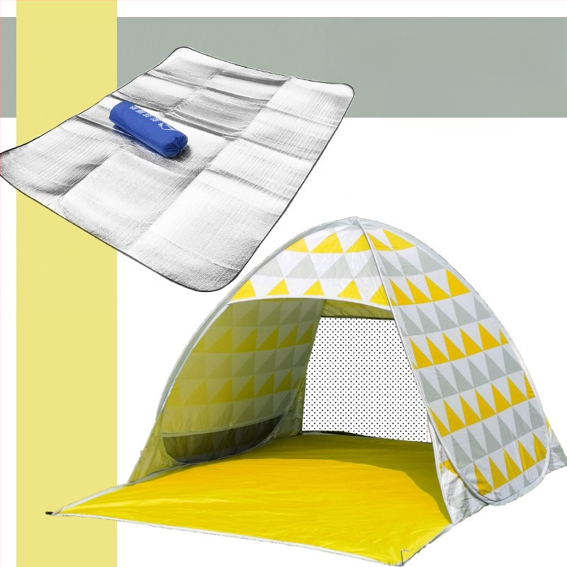 Dubultās personas automātiskā pludmales teltī ar ātru atvēršanu un saules aizsardzību; ārējā: poliesters; iekšējā: 190T ar sudraba pārklājumu; ārējā ūdensizturība 1000–1500 mm; apakšējā 1000–1500 mm; svars 1 kg