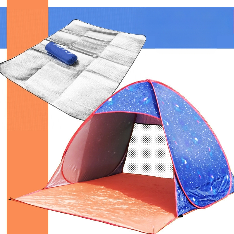 Dubultās personas automātiskā pludmales teltī ar ātru atvēršanu un saules aizsardzību; ārējā: poliesters; iekšējā: 190T ar sudraba pārklājumu; ārējā ūdensizturība 1000–1500 mm; apakšējā 1000–1500 mm; svars 1 kg