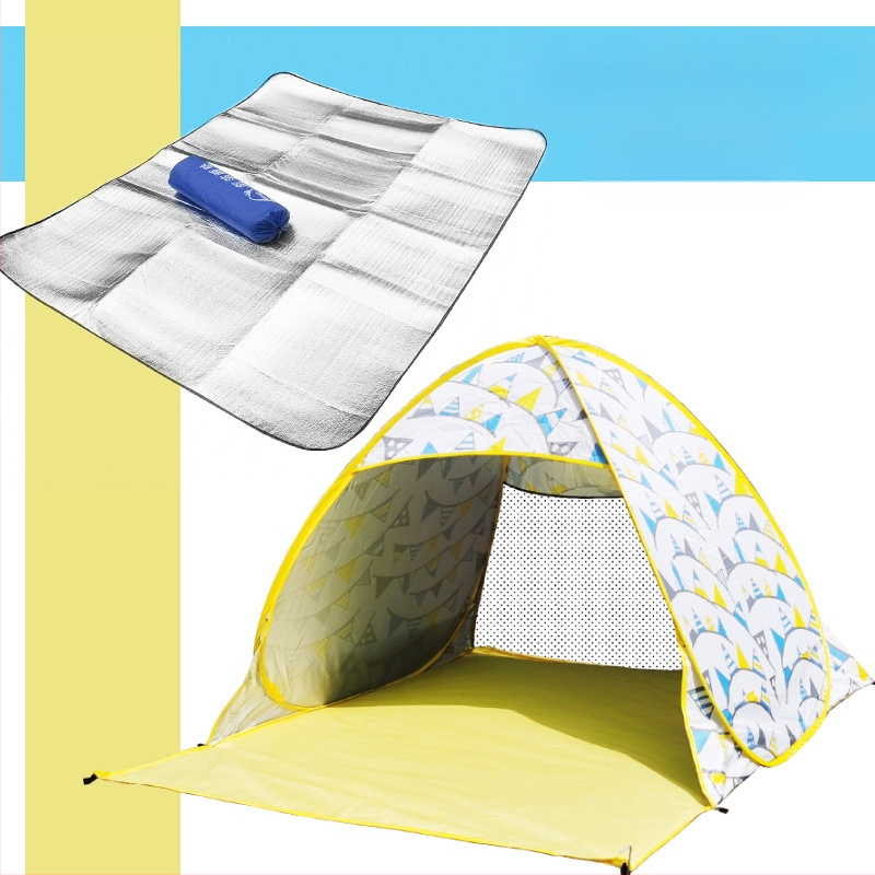 Dubultās personas automātiskā pludmales teltī ar ātru atvēršanu un saules aizsardzību; ārējā: poliesters; iekšējā: 190T ar sudraba pārklājumu; ārējā ūdensizturība 1000–1500 mm; apakšējā 1000–1500 mm; svars 1 kg