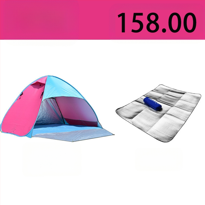 Dubultās personas automātiskā pludmales teltī ar ātru atvēršanu un saules aizsardzību; ārējā: poliesters; iekšējā: 190T ar sudraba pārklājumu; ārējā ūdensizturība 1000–1500 mm; apakšējā 1000–1500 mm; svars 1 kg