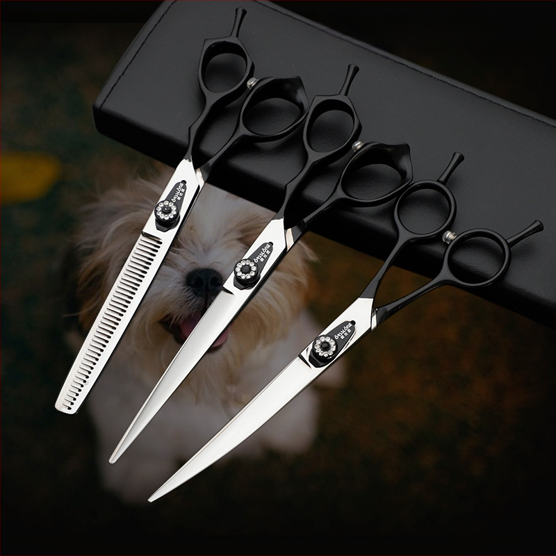 Комплект ножици за подстрижка на домашни любимци, цялостна стоманена конструкция, извити нагоре и надолу остриета, за подстригване на козината на кучета