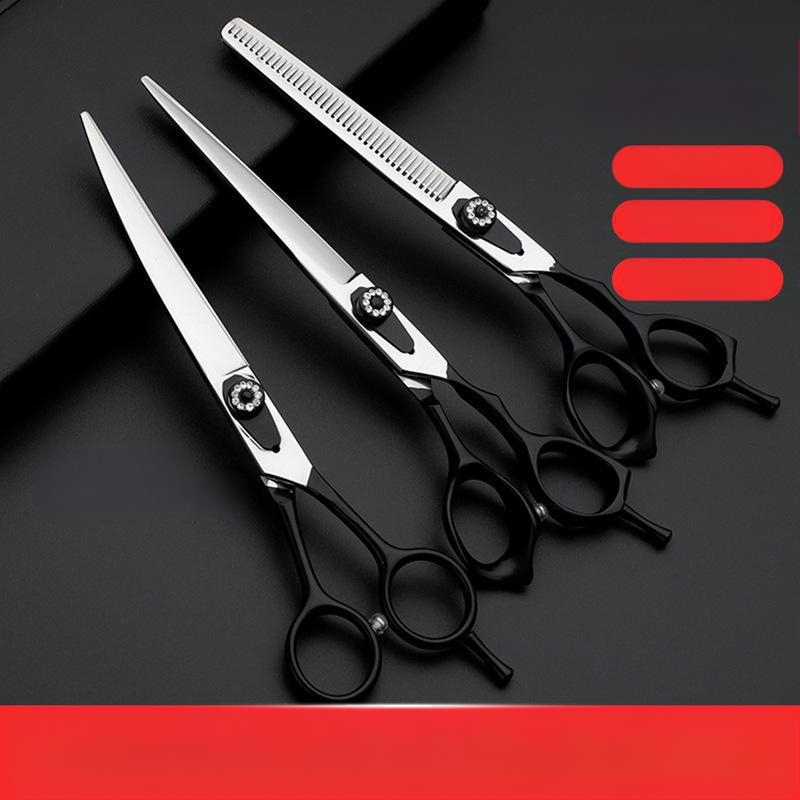 Комплект ножици за подстрижка на домашни любимци, цялостна стоманена конструкция, извити нагоре и надолу остриета, за подстригване на козината на кучета