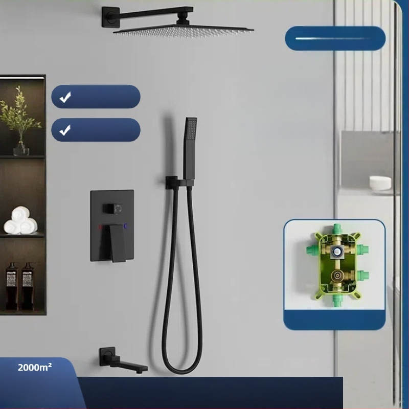 Slėptas sienos dušo komplektas, vario konstrukcija, kvadratinis lietaus dušas, temperatūros reguliavimas, modelis zs-anz