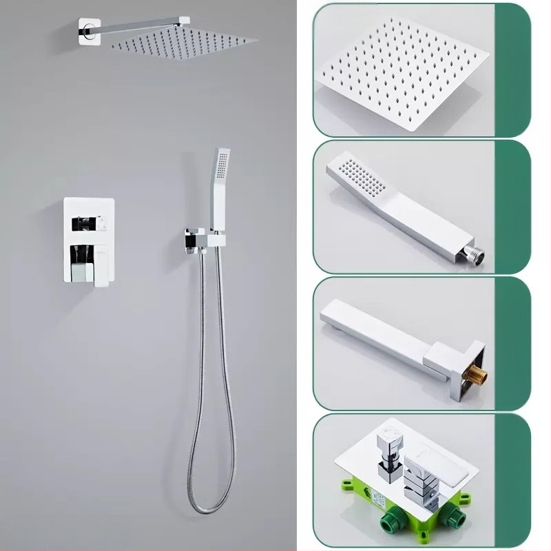 Slėptas sienos dušo komplektas, vario konstrukcija, kvadratinis lietaus dušas, temperatūros reguliavimas, modelis zs-anz