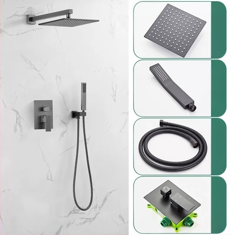 Slėptas sienos dušo komplektas, vario konstrukcija, kvadratinis lietaus dušas, temperatūros reguliavimas, modelis zs-anz