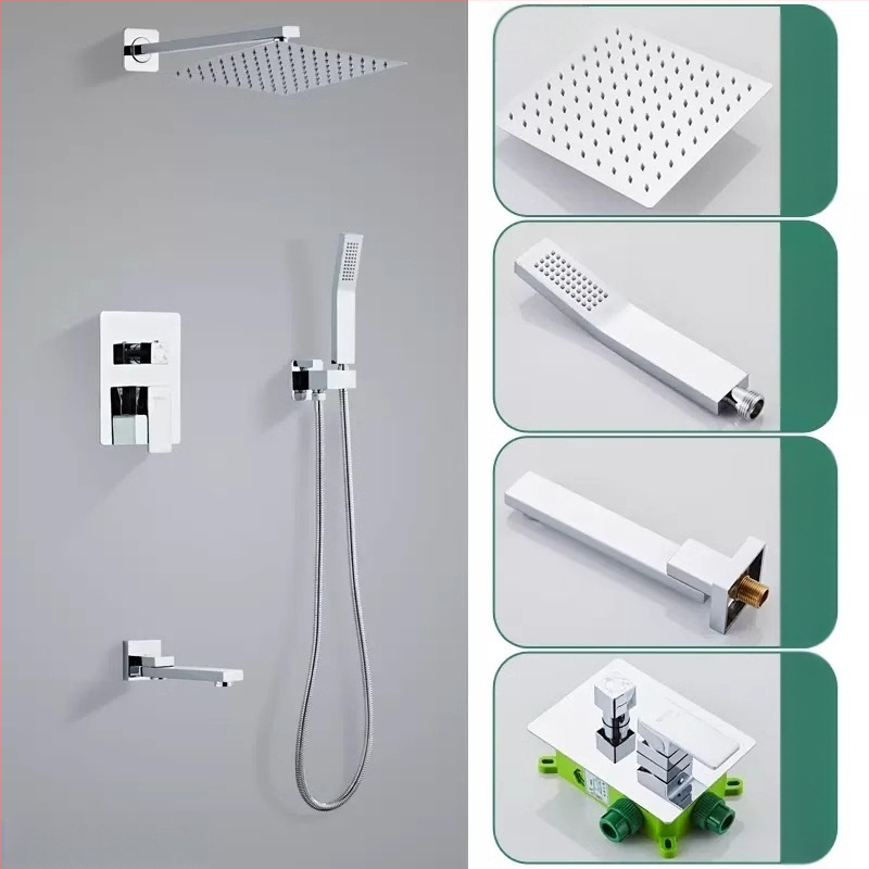 Slėptas sienos dušo komplektas, vario konstrukcija, kvadratinis lietaus dušas, temperatūros reguliavimas, modelis zs-anz
