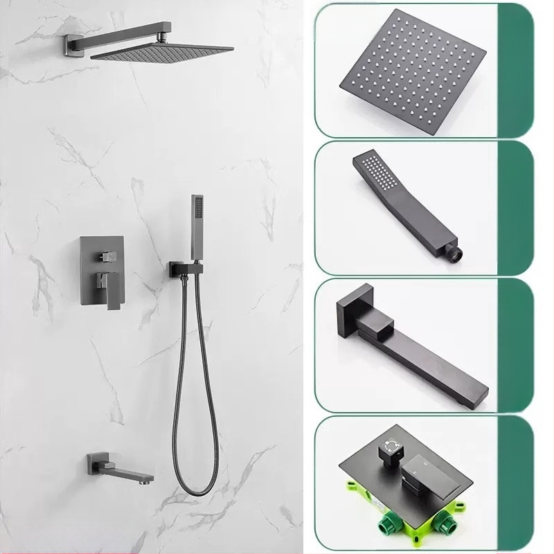 Slėptas sienos dušo komplektas, vario konstrukcija, kvadratinis lietaus dušas, temperatūros reguliavimas, modelis zs-anz