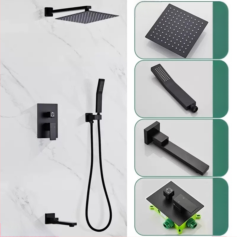 Slėptas sienos dušo komplektas, vario konstrukcija, kvadratinis lietaus dušas, temperatūros reguliavimas, modelis zs-anz