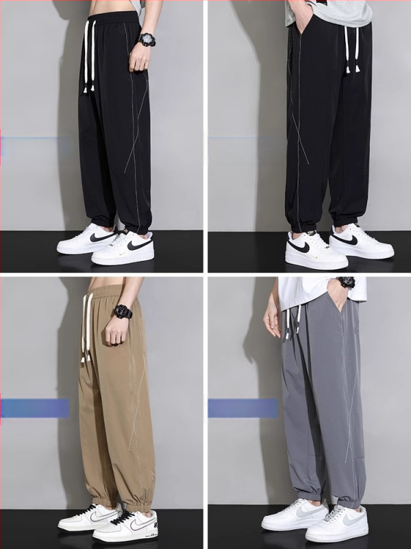 Мъжки спортни дълги панталони с райета, тънък полиестер-спандекс микс, бързосъхнещи, права кройка, средна талия