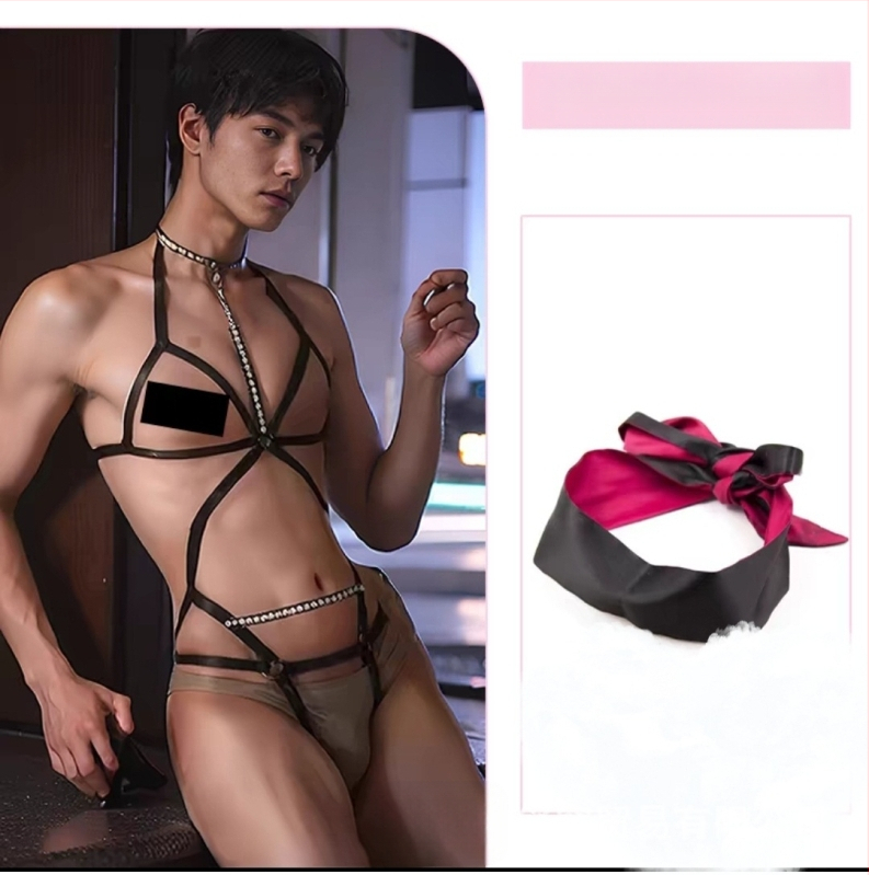 Vīriešu fetiša apakšveļa ar plecu siksnām un ķēdītēm, erotiska uniforma, poliesters 90–95%