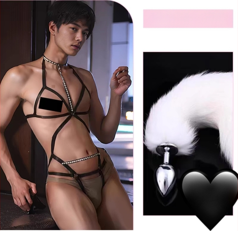 Vīriešu fetiša apakšveļa ar plecu siksnām un ķēdītēm, erotiska uniforma, poliesters 90–95%