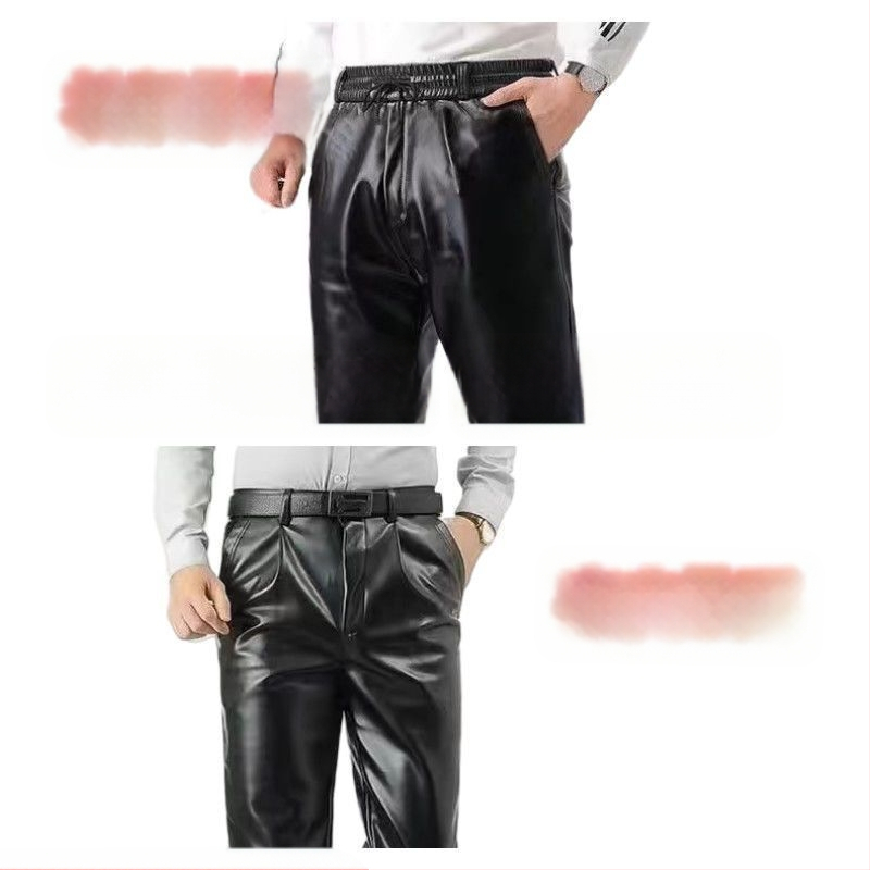 Vīriešu PU ādas bikses ar flisa oderi, taisns piegriezums, augsta josta, ziemas, retro stils