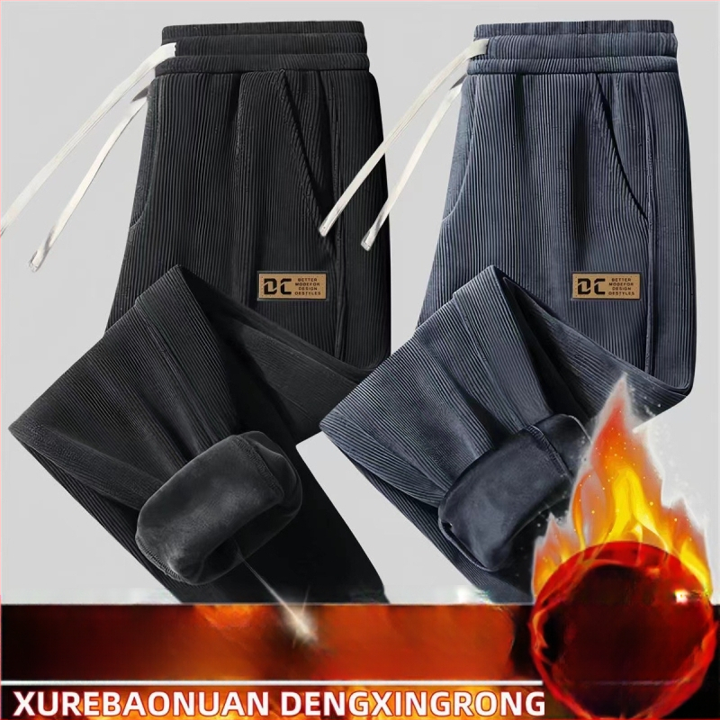 Pantaloni bărbați din corduroy, căptuți cu fleece, iarnă, croială lejeră, talie medie, model cu litere