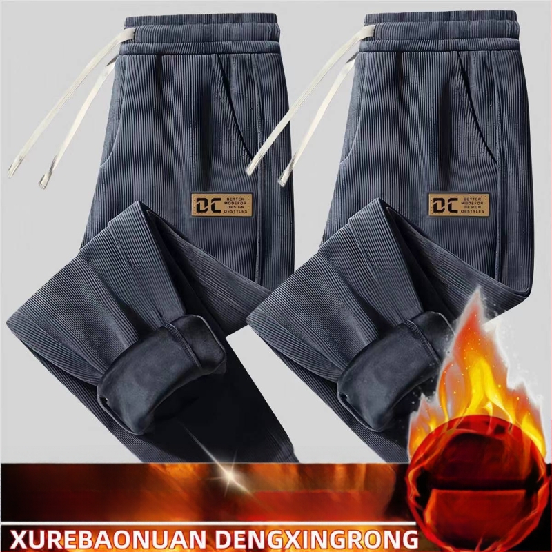 Pantaloni bărbați din corduroy, căptuți cu fleece, iarnă, croială lejeră, talie medie, model cu litere