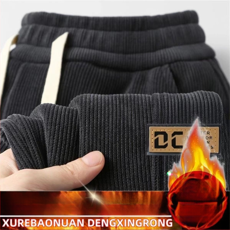 Pantaloni bărbați din corduroy, căptuți cu fleece, iarnă, croială lejeră, talie medie, model cu litere