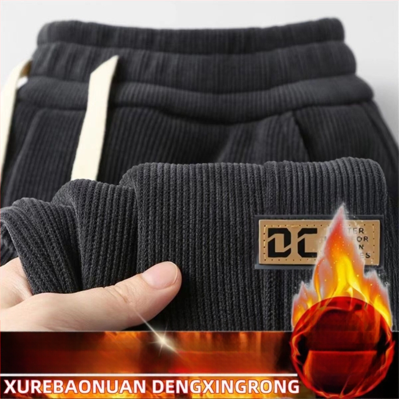 Pantaloni bărbați din corduroy, căptuți cu fleece, iarnă, croială lejeră, talie medie, model cu litere