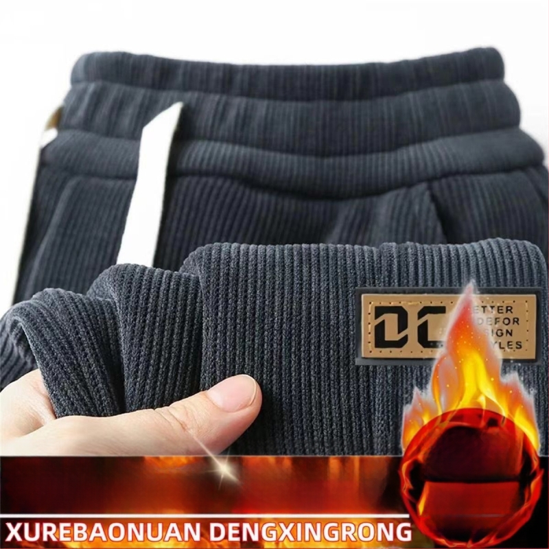 Pantaloni bărbați din corduroy, căptuți cu fleece, iarnă, croială lejeră, talie medie, model cu litere