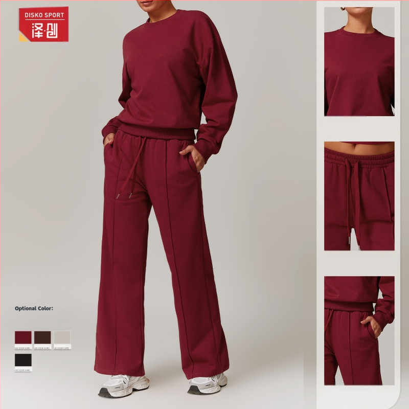 Set trening pentru femei din nylon periat – all-season, model solid, 78% nylon, 22% spandex, top cu mânecă lungă, pantaloni talie înaltă și croială wide-leg