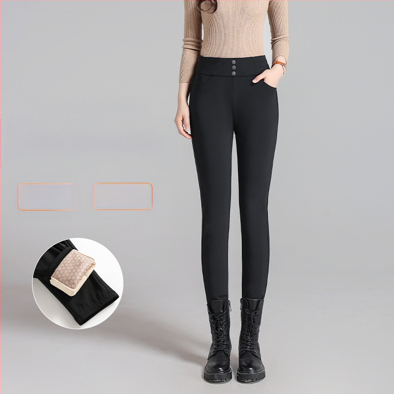 Moteriškos žieminės kelnės su guščių pūkų, vilktos su flisu, aukštas juosmuo, siauras kirpimas, poliesterio audinys su spandeksu