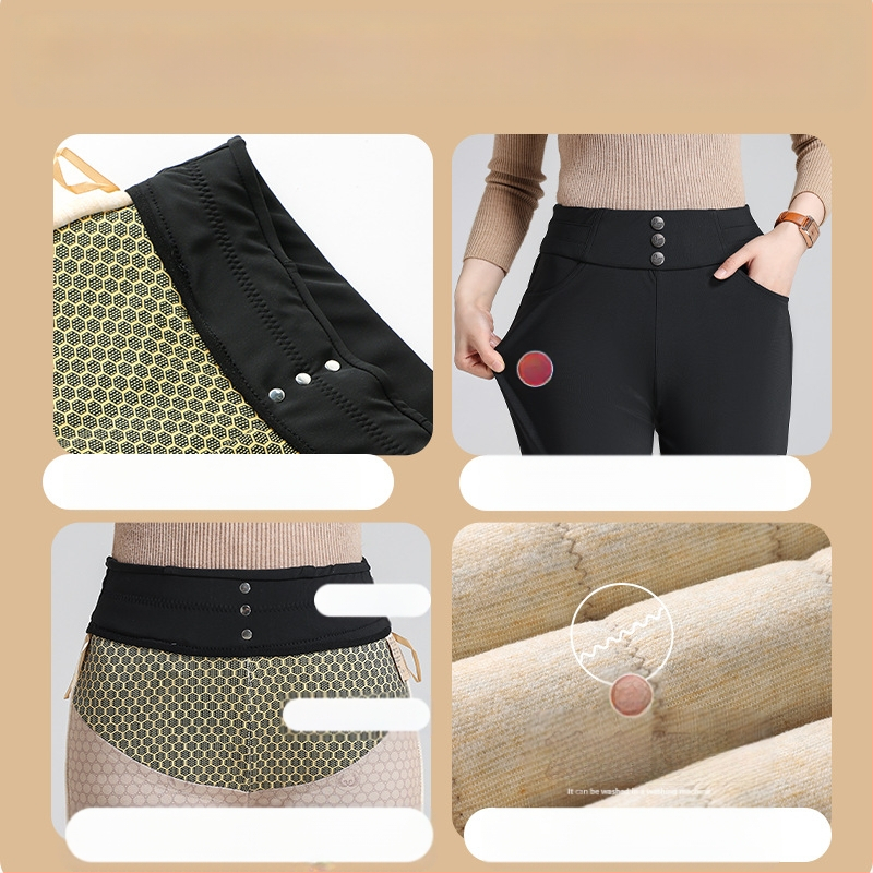 Moteriškos žieminės kelnės su guščių pūkų, vilktos su flisu, aukštas juosmuo, siauras kirpimas, poliesterio audinys su spandeksu