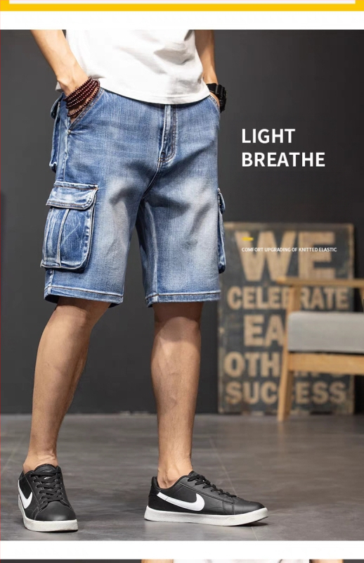 Laisvos kirpimo džinsiniai šortai su penkiais kišenėmis, darbo aprangos stilius, visiems sezonams.