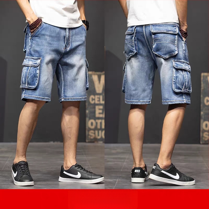 Laisvos kirpimo džinsiniai šortai su penkiais kišenėmis, darbo aprangos stilius, visiems sezonams.