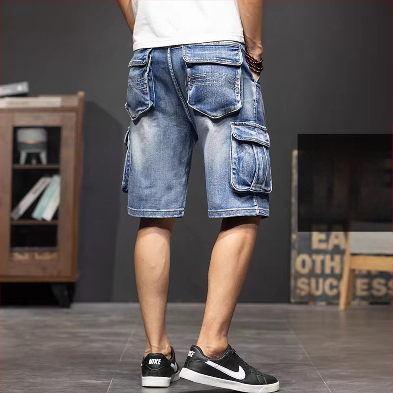 Laisvos kirpimo džinsiniai šortai su penkiais kišenėmis, darbo aprangos stilius, visiems sezonams.