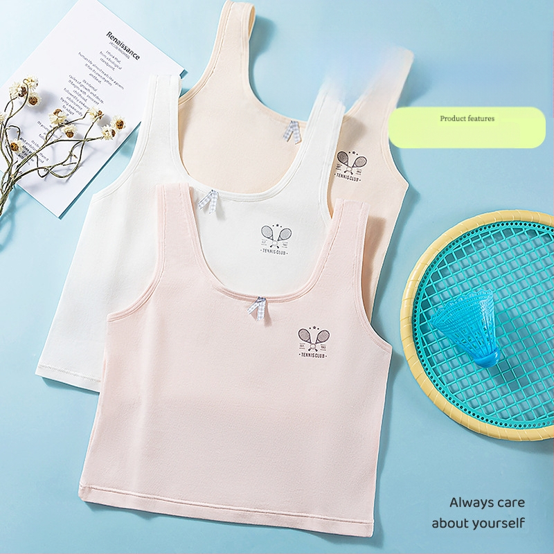 Памучен потник-сутиен за момичета, стил потник, пълна чашка, тънък формован чашка, без метална тел, фиксирани двойни презрамки, дишащ комфорт, за възраст 9–13 г