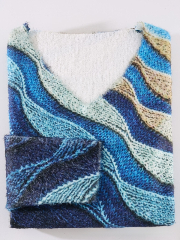 Pulover damă cu guler în V, jacquard, croi slim, poliester