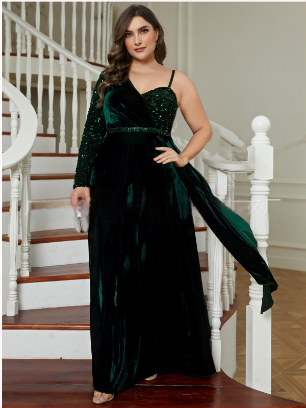 Večernja haljina s jednim ramom, šljokicama, dugi rukavi, visokim strukom, poliester 95%