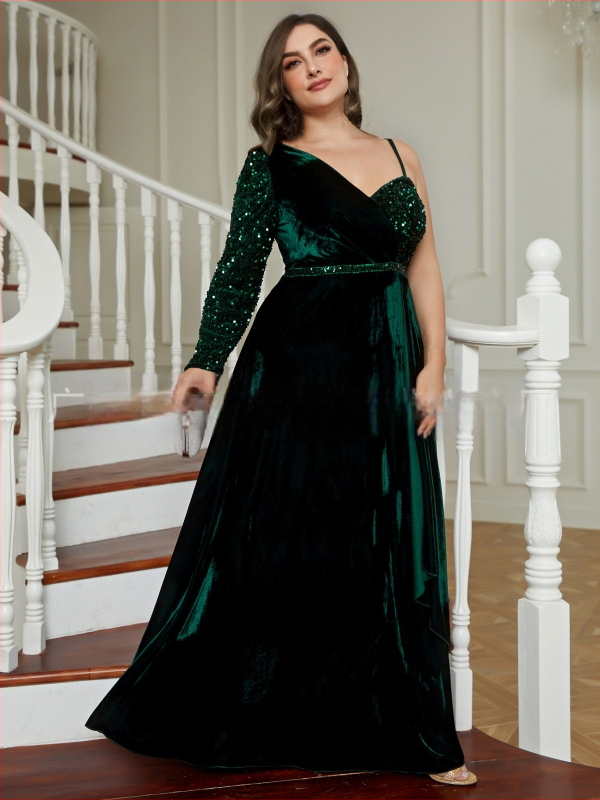 Večernja haljina s jednim ramom, šljokicama, dugi rukavi, visokim strukom, poliester 95%