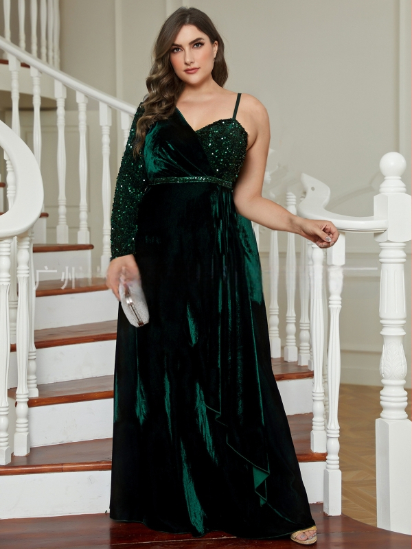 Večernja haljina s jednim ramom, šljokicama, dugi rukavi, visokim strukom, poliester 95%