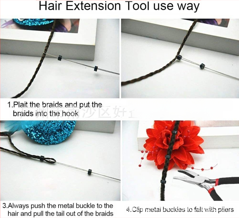 Plaukų prailginimo įrankių rinkinys, 4 dalys – lenktos pincetės, medinis mezgimo kabliukas, silikono prailginimo žiedas, Modelis H66