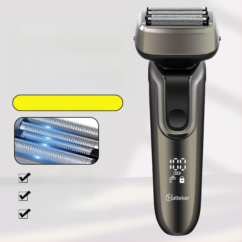 HATTEKER Ηλεκτρικό ξυριστικό για ολόκληρο το σώμα, 4 κεφαλές επαναλαμβανόμενες, πλήρως αδιάβροχο, USB επαναφορτιζόμενο, χωρίς ψήκτρες κινητήρα, LED οθόνη